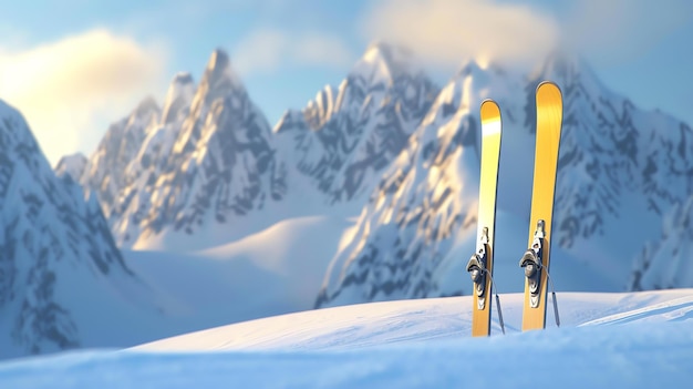 A pair of skis stands in the snow on a mountaintop The skis are yellow and black The snow is white and fluffy