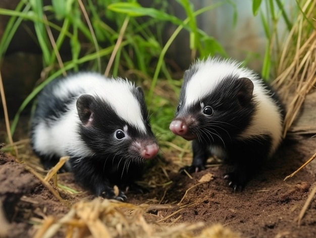 A pair of skunks are standing in the grass.