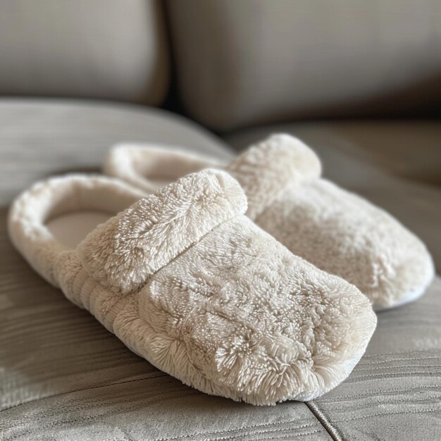 a pair of slippers laying on a bed with a towel on it