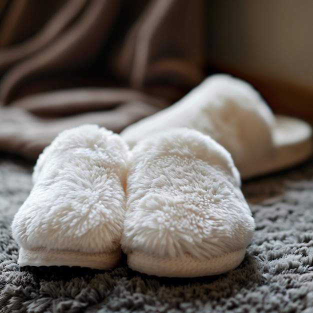 Photo a pair of slippers laying on a carpet with a blanket on it