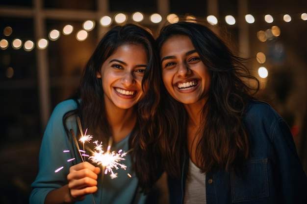 Pair of smiling funloving friends celebrate and have a blast with sparklers and bengal lights in a partyready studio setting