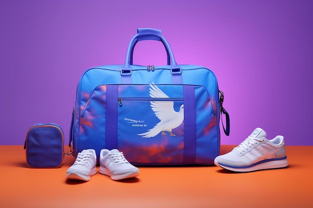 A pair of sneakers and a bag on a table