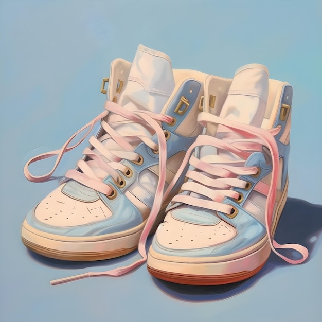 A pair of sneakers on a blue background watercolor illustration AI generated