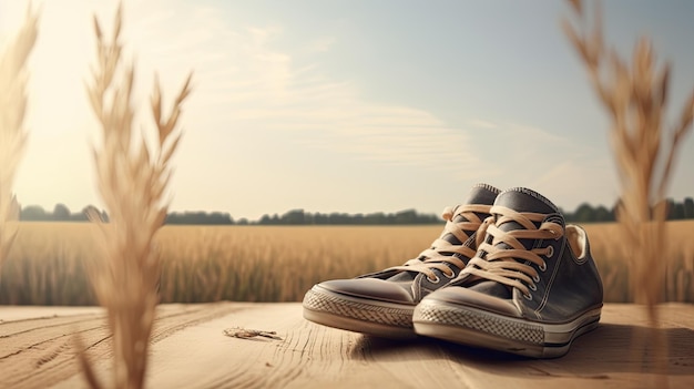 A pair of sneakers sit on a wooden platform in front of a field.