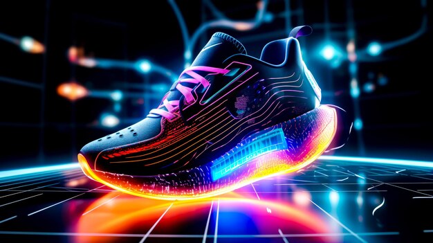 Pair of sneakers with neon lights on the soles of the shoes