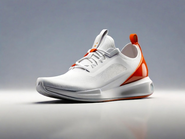 a pair of sneakers with orange and white laces on the bottom