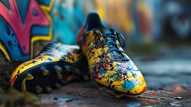 A Pair of Soccer Shoes and Football Shoes Urban Street Style Graffiti painted colors