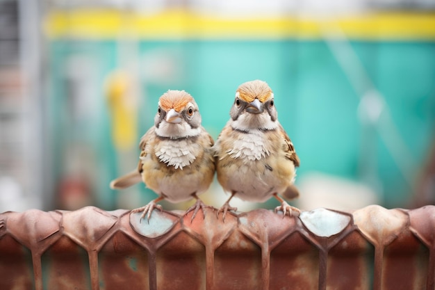 Foto una coppia di passeri su una recinzione metallica