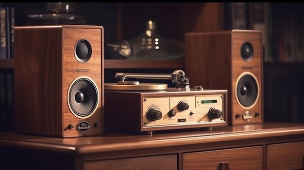 A pair of speakers on a table with a record player on it.