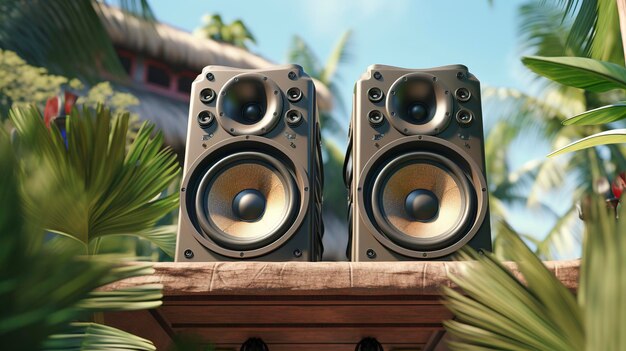 a pair of speakers on a wooden ledge