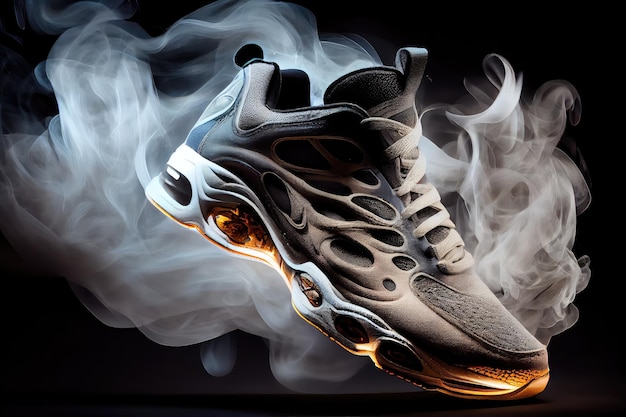 A pair of sport shoes surrounded by a magical smoke that shimmers and glows in the light