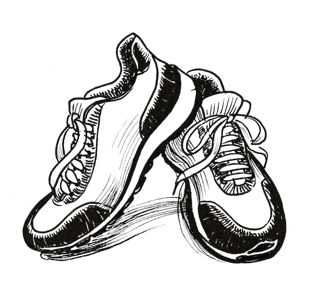 Photo pair of sport sneakers. ink black and white drawing