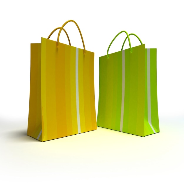 A pair of striped shopping bags in green and yellow