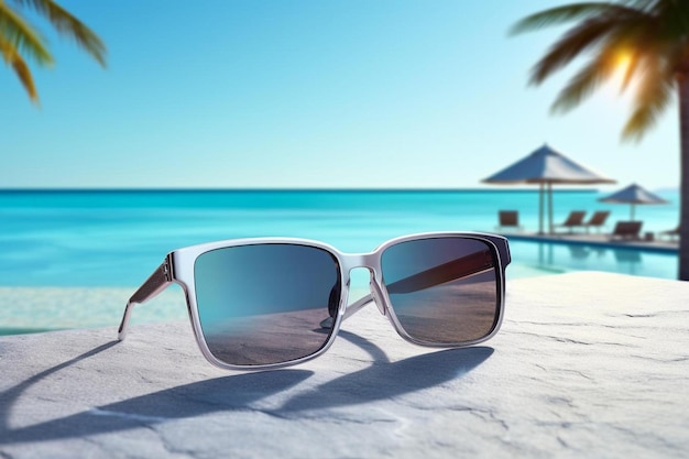 a pair of sunglasses on a beach with a palm tree in the background