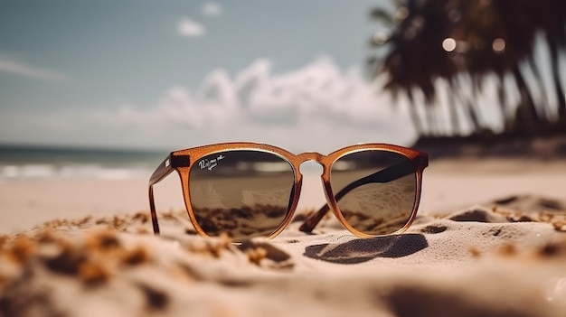 A pair of sunglasses on a beach with palm trees in the background