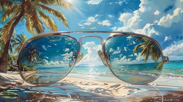 a pair of sunglasses on a beach with the sun shining through them