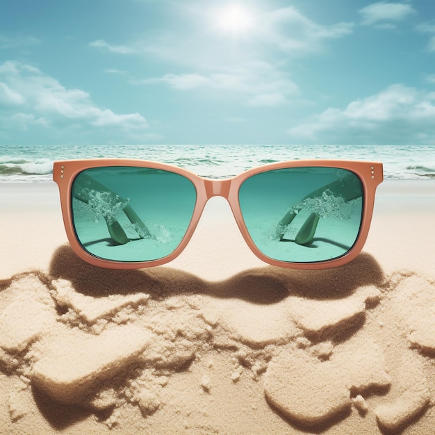 A pair of sunglasses on a beach with the word beach on it.