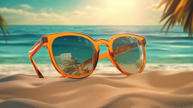 A pair of sunglasses sitting on top of a sandy beach