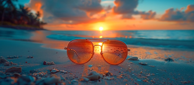 해변에서 태양을 인용하는 선글라스