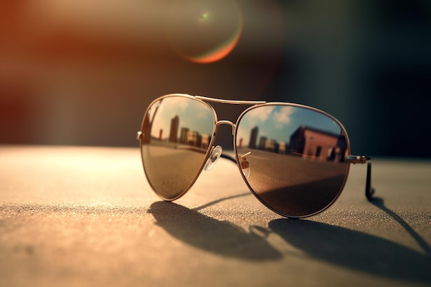 A pair of sunglasses with a building in the background