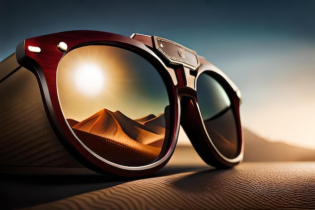 A pair of sunglasses with a desert landscape on the top.