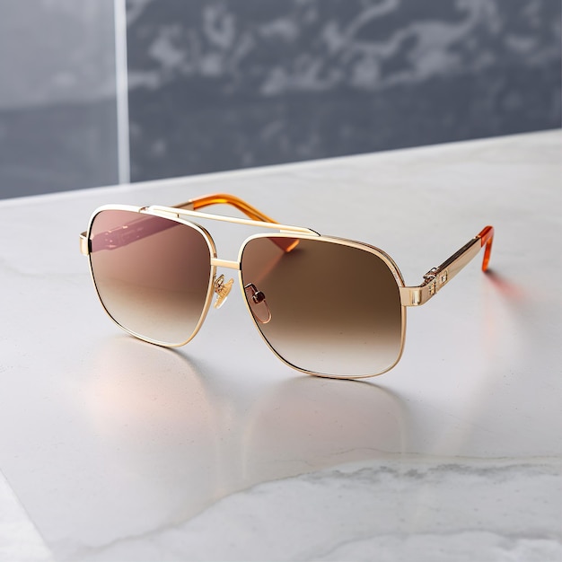 A pair of sunglasses with gold trim and white frames