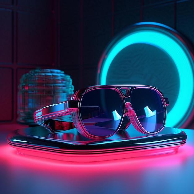 a pair of sunglasses with a neon light behind them.