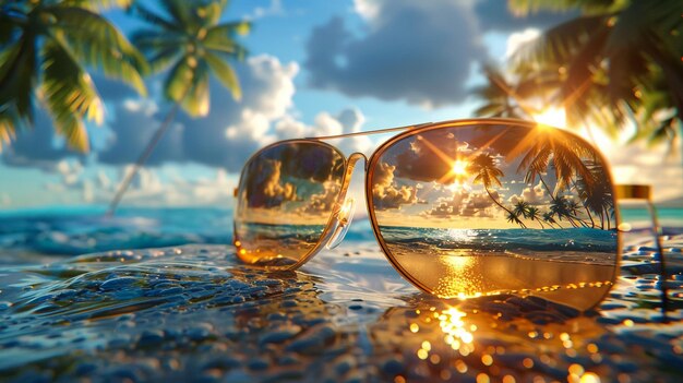 a pair of sunglasses with palm trees in the background