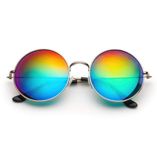 A pair of sunglasses with rainbow lenses and the word love on it.