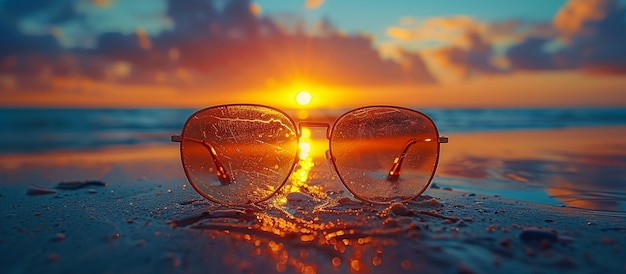 Photo a pair of sunglasses with the sun setting behind them