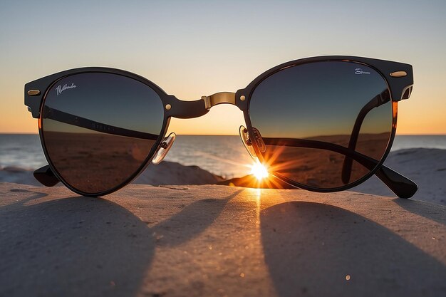 A pair of sunglasses with the sun behind them