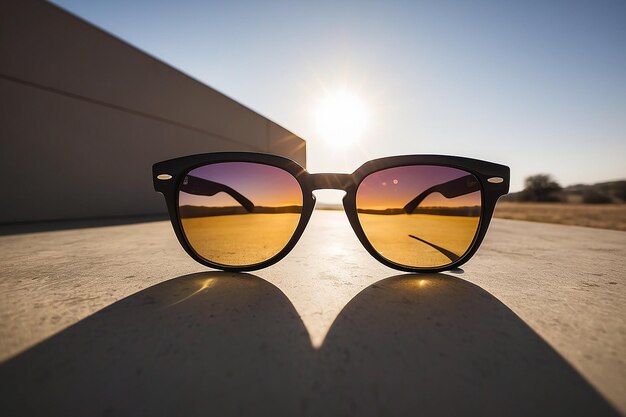 A pair of sunglasses with the sun behind them