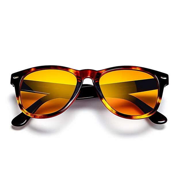 A pair of sunglasses with yellow lenses and a black frame.