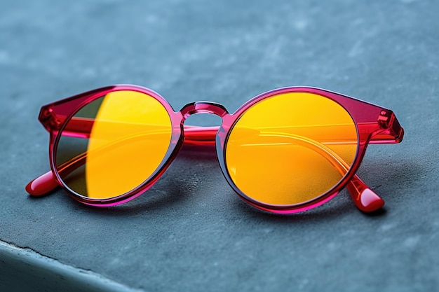 노란색 렌즈와 아래쪽에 빨간색 하트가 있는 선글라스.