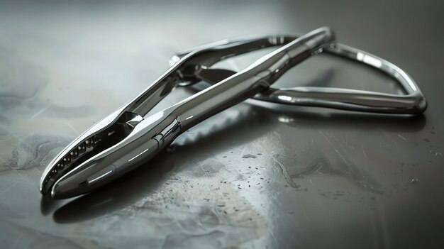 Photo a pair of surgical forceps made of stainless steel the forceps are lying on a reflective surface