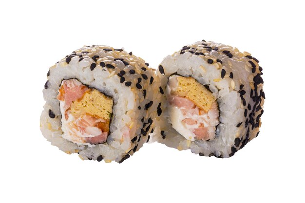 Pair of Sushi roll on the white background Closeup of delicious japanese food with sushi roll