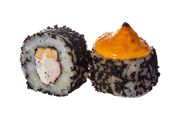 Pair of Sushi roll on the white background Closeup of delicious japanese food with sushi roll