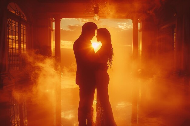 Photo a pair of tango dancers in elegant suits and dresses pose dancing in the sunset light attractive man and woman dancing while looking at each other