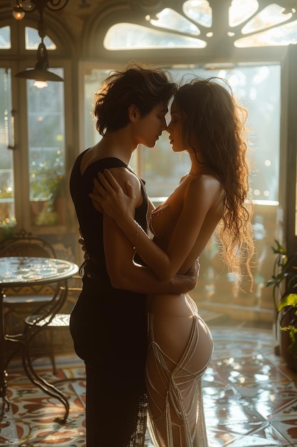 Photo a pair of tango dancers in elegant suits and dresses pose dancing in the sunset light attractive man and woman dancing while looking at each other