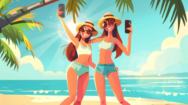 A pair of teenage friends taking a selfie on a summer beach Modern illustration of two female friends posing on a smartphone camera near a tropical pub under palm trees and a rising sun over the