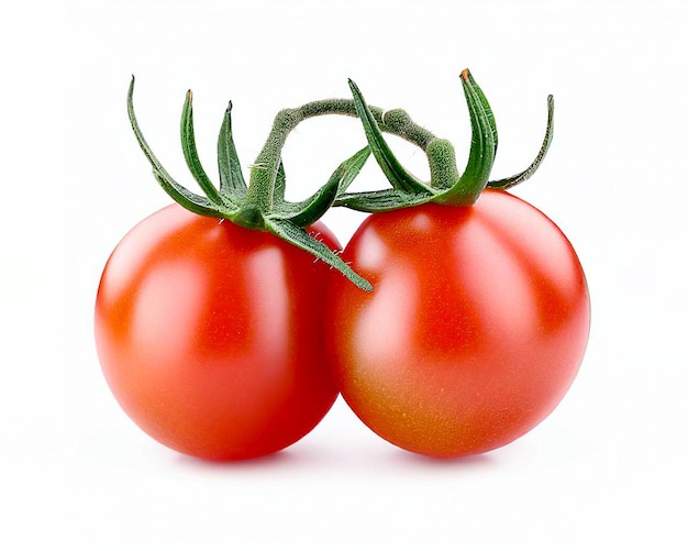 A pair of tomatoes with leaves on them