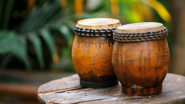 Foto un paio di tamburi tradizionali africani fatti di legno e pelle di animale i tamburi sono decorati con intagli intricati e hanno un suono caldo e ricco