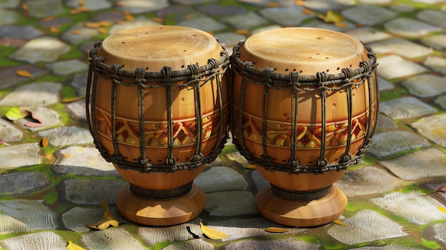 Photo a pair of traditional african drums with a beautiful pattern the drums are made of wood and have a rich warm sound