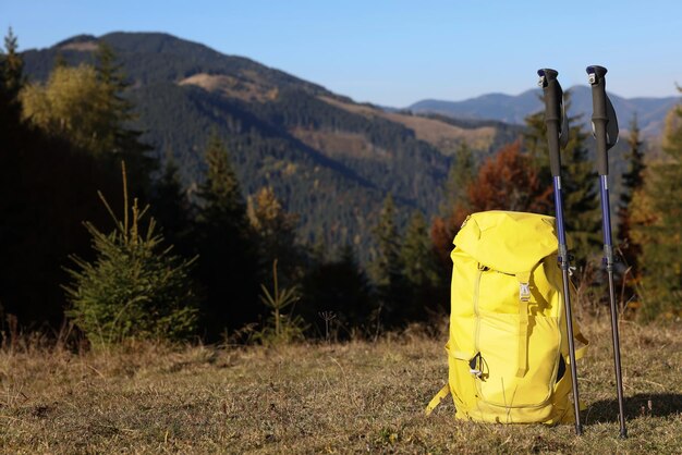 Pair of trekking poles and backpack in mountains on sunny day space for text