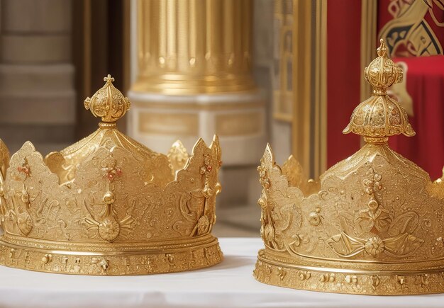 A pair of two golden crowns for weddings weddin