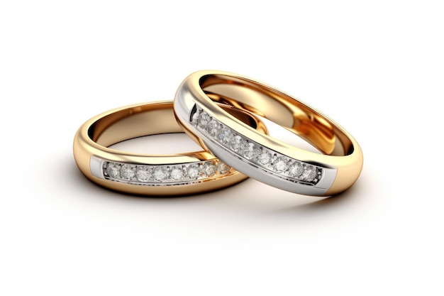 pair of two tone gold wedding ring with matte surface and diamonds on white glossy background