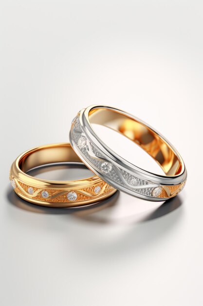 pair of two tone gold wedding ring with matte surface and diamonds on white glossy background