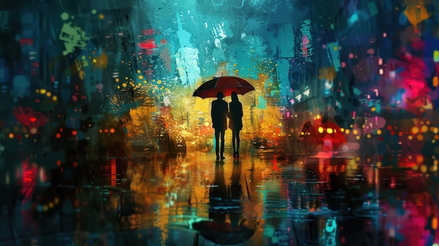 A pair under an umbrella their reflections shimmering on rainslicked streets splashes of color from umbrellas