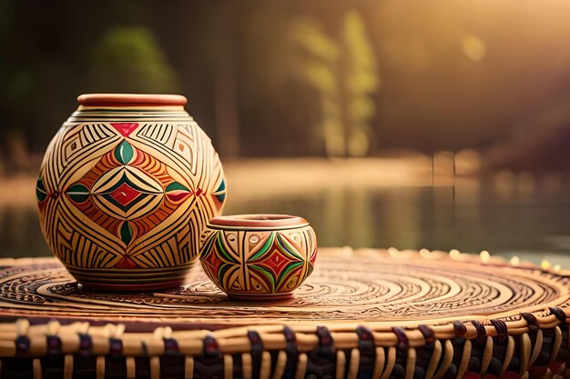 a pair of vases by a lake with the sun behind them.