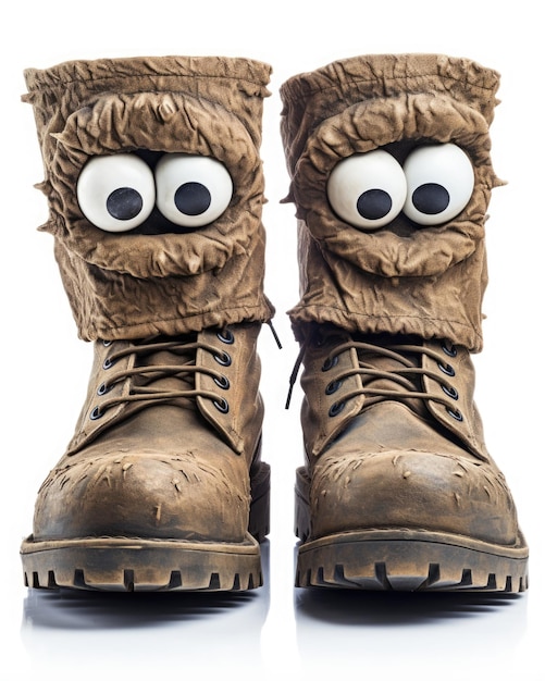 Foto un paio di vecchi stivali militari usurati con una faccia da mostro divertente